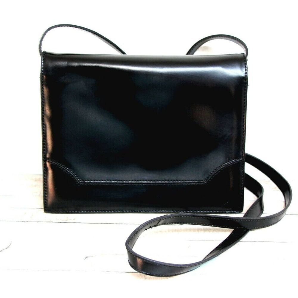CRISTIAN Italy BLACK SMOOTH GENUINE LEATHER FLAP SHOULDER BAG CROSSBODY CLUTCH